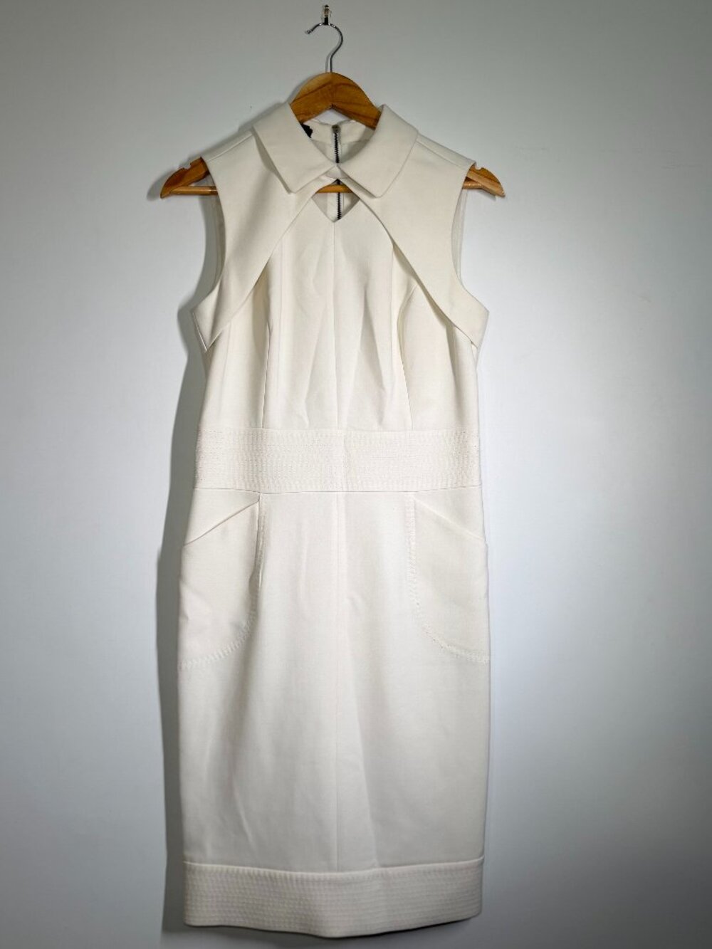 Etcetera Women's Sleeveless Collared White Sheath Dress w/ Pockets + Zipper Back